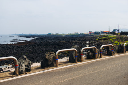 Udo Island, Jeju Island province, South Korea, Jeju-do, panoramic aerial view of coastline sea landscape in a sunny day, U-do Island, Soseom cow island, Jeju-siの写真素材