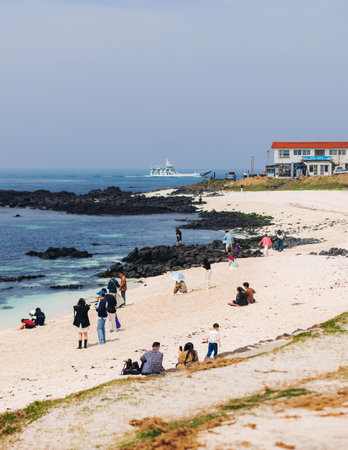 Udo Island, Jeju Island province, South Korea, white sand coral beach, coastline sea landscape sunny view, U Island, Soseom cow island, Jeju-si, Jeju-do, Sanho and Hagosudong beachの写真素材