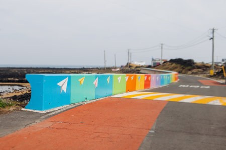 Udo Island, Jeju Island province, South Korea, Jeju-do, panoramic aerial view of coastline sea landscape in a sunny dayの写真素材