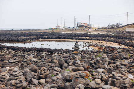 Udo Island, Jeju Island province, South Korea, Jeju-do, panoramic aerial view of coastline sea landscape in a sunny day, U-do Island, Soseom cow island, Jeju-siの写真素材