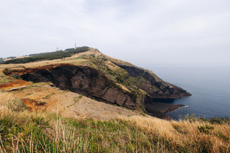 Udo Island, Jeju Island province, South Korea, Jeju-do, panoramic aerial view of coastline sea landscape in a sunny day, U-do Island, Soseom cow island, Jeju-siの写真素材