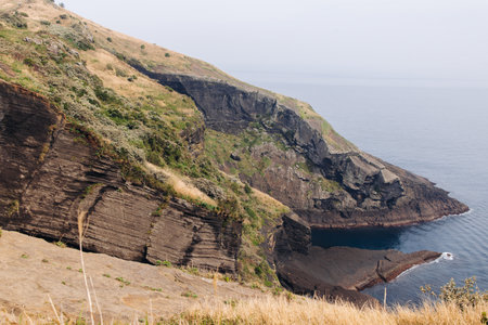 Udo Island, Jeju Island province, South Korea, Jeju-do, panoramic aerial view of coastline sea landscape in a sunny day, U-do Island, Soseom cow island, Jeju-siの写真素材
