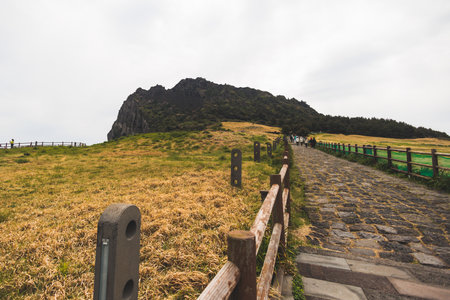 Jeju-do, Seongsan Ilchulbong landscape, volcanic tuff cone, Sunrise peak, Jeju Island, South Korea, Seongsan-ri, Seogwipo, Jeju Province landscape view in a sunny day, with sea, cliffs hiking trailの写真素材