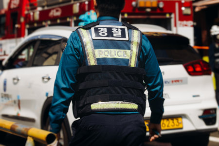 Korean police squad formation in uniform with "Police" logo, policemen maintain order and regulate traffic on incident and fire blaze site, crime scene, rescue operation in Busan city, South Koreaの写真素材