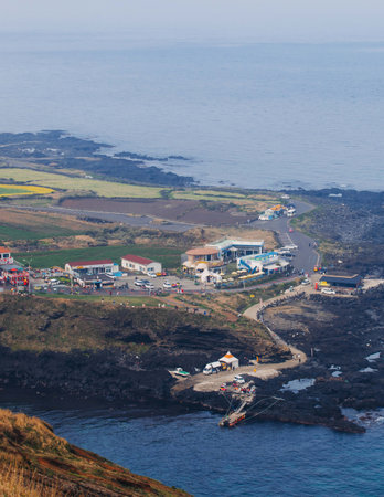 Udo Island, Jeju Island province, South Korea, Jeju-do, panoramic aerial view of coastline sea landscape in a sunny day, U-do Island, Soseom cow island, Jeju-siの写真素材