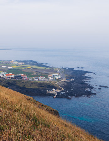 Udo Island, Jeju Island province, South Korea, Jeju-do, panoramic aerial view of coastline sea landscape in a sunny day, U-do Island, Soseom cow island, Jeju-siの写真素材