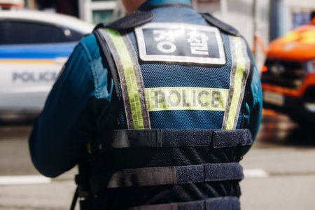 Korean police squad formation in uniform with "Police" logo, policemen maintain order and regulate traffic on incident and fire blaze site, crime scene, rescue operation in Busan city, South Koreaの写真素材
