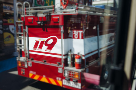 South Korean Fire fighting brigade equipment, during operation in the streets, firefighters with...