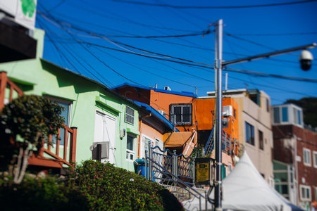 View of Gamcheon Culture village, Busan city, South Korea, Gamcheon-dong, Saha District, beautiful view of streets and multicolored houses in a summer sunny day, Republic of Korea travelの写真素材