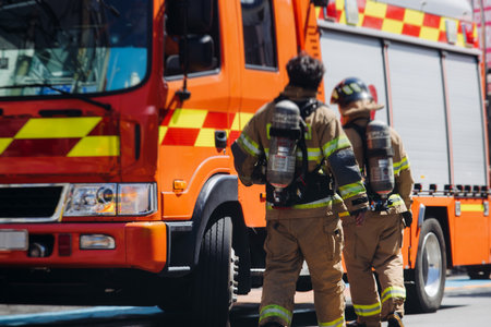 Group of South Korean fire men during fire fighting operation in the streets, firefighters with fire engine truck vehicle, 911 emergency and rescue, fire drill, exercise training, Busan, South Koreaの写真素材