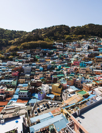 View of Gamcheon Culture village, Busan city, South Korea, Gamcheon-dong, Saha District, beautiful view of streets and multicolored houses in a summer sunny day, Republic of Korea travelの写真素材
