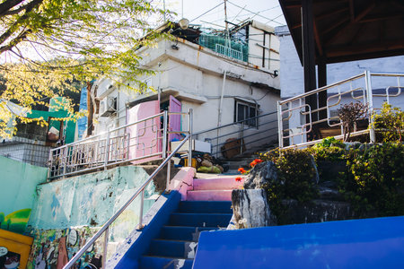 View of Gamcheon Culture village, Busan city, South Korea, Gamcheon-dong, Saha District, beautiful view of streets and multicolored houses in a summer sunny day, Republic of Korea travelの写真素材
