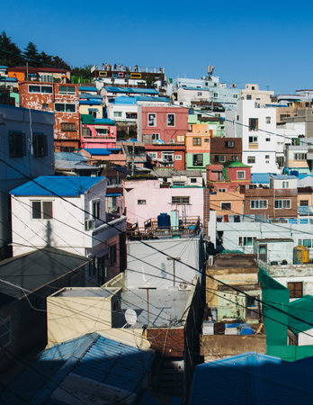 View of Gamcheon Culture village, Busan city, South Korea, Gamcheon-dong, Saha District, beautiful view of streets and multicolored houses in a summer sunny day, Republic of Korea travelの写真素材