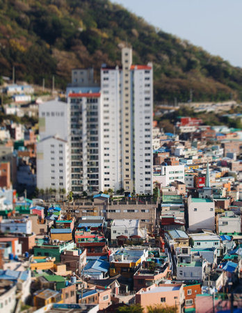 View of Gamcheon Culture village, Busan city, South Korea, Gamcheon-dong, Saha District, beautiful view of streets and multicolored houses in a summer sunny day, Republic of Korea travelの写真素材