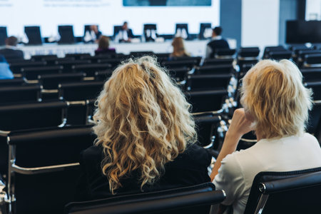 Conference with female audience, the symposium meeting, participants attendees in room hall listen...