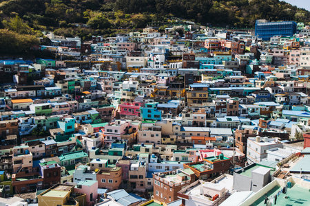 View of Gamcheon Culture village, Busan city, South Korea, Gamcheon-dong, Saha District, beautiful view of streets and multicolored houses in a summer sunny day, Republic of Korea travelの写真素材