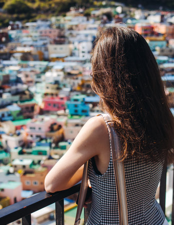 View of Gamcheon Culture village, Busan city, South Korea, Gamcheon-dong, Saha District, beautiful view of streets and multicolored houses in a summer sunny day, Republic of Korea travelの写真素材