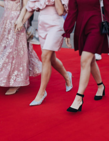 Red carpet with ropes and golden barriers on a luxury party entrance, cinema premiere film festival event award gala ceremony, wealthy rich guests arriving, outdoor decoration elements, summer dayの写真素材