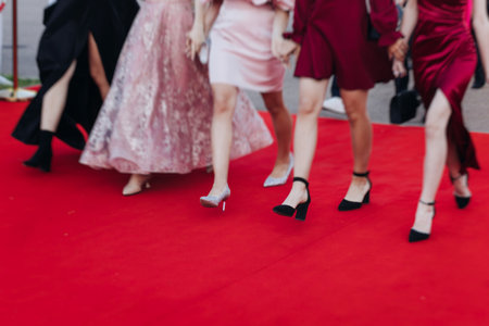 Red carpet with ropes and golden barriers on a luxury party entrance, cinema premiere film festival...
