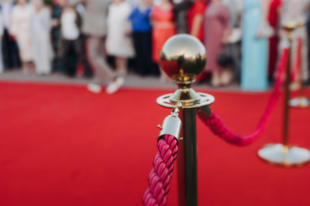 Red carpet with ropes and golden barriers on a luxury party entrance, cinema premiere film festival event award gala ceremony, wealthy rich guests arriving, outdoor decoration elements, summer dayの写真素材