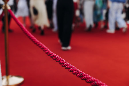 Red carpet with ropes and golden barriers on a luxury party entrance, cinema premiere film festival event award gala ceremony, wealthy rich guests arriving, outdoor decoration elements, summer dayの写真素材