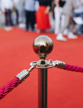 Red carpet with ropes and golden barriers on a luxury party entrance, cinema premiere film festival event award gala ceremony, wealthy rich guests arriving, outdoor decoration elements, summer dayの写真素材