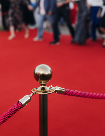 Red carpet with ropes and golden barriers on a luxury party entrance, cinema premiere film festival event award gala ceremony, wealthy rich guests arriving, outdoor decoration elements, summer dayの写真素材