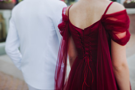 High school graduates dancing on prom, waltz and classical ball slow dance in dresses and suits on school graduation party, boys and girls ballroom dancers, couples dance quadrille, polonaiseの写真素材