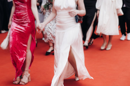 Red carpet with ropes and golden barriers on a luxury party entrance, cinema premiere film festival event award gala ceremony, wealthy rich guests arriving, outdoor decoration elements, summer dayの写真素材
