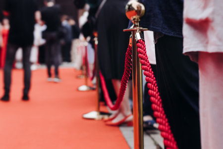 Red carpet with ropes and golden barriers on a luxury party entrance, cinema premiere film festival event award gala ceremony, wealthy rich guests arriving, outdoor decoration elements, summer dayの写真素材