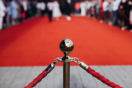 Red carpet with ropes and golden barriers on a luxury party entrance, cinema premiere film festival...