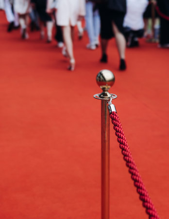Red carpet with ropes and golden barriers on a luxury party entrance, cinema premiere film festival event award gala ceremony, wealthy rich guests arriving, outdoor decoration elements, summer dayの写真素材