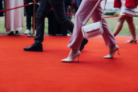 Red carpet with ropes and golden barriers on a luxury party entrance, cinema premiere film festival event award gala ceremony, wealthy rich guests arriving, outdoor decoration elements, summer dayの写真素材