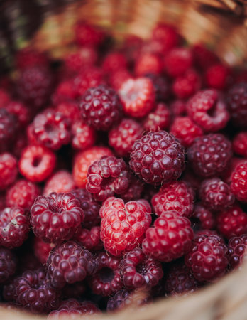 Harvested red berries, basket of raspberry and strawberry, process of collecting, harvesting and picking ripe berries in the forest, close up view of hands with bilberry and blueberry, berry farmの写真素材