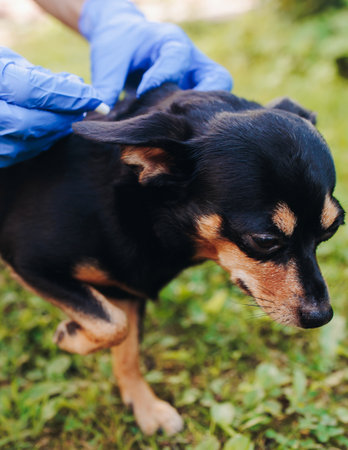 Veterinarian specialist holding small black dog and applying drops at withers, medicine from parasites, ticks, worms and fleas, young dog vet treatment, dog treated with parasite remedy protectionの写真素材