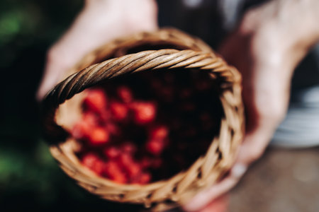 Harvested red berries, basket of raspberry and strawberry, process of collecting, harvesting and picking ripe berries in the forest, close up view of hands with bilberry and blueberry, berry farmの写真素材