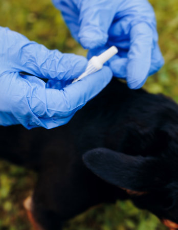 Veterinarian specialist holding small black dog and applying drops at withers, medicine from parasites, ticks, worms and fleas, young dog vet treatment, dog treated with parasite remedy protectionの写真素材