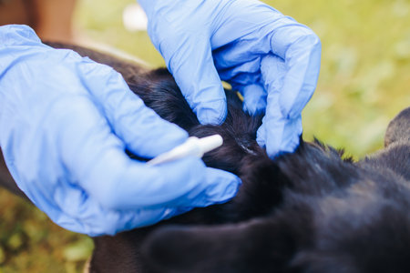 Veterinarian specialist holding small black dog and applying drops at withers, medicine from...