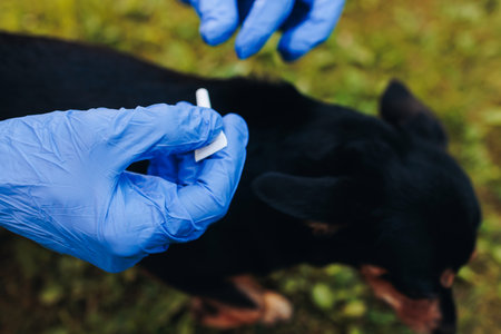 Veterinarian specialist holding small black dog and applying drops at withers, medicine from parasites, ticks, worms and fleas, young dog vet treatment, dog treated with parasite remedy protectionの写真素材