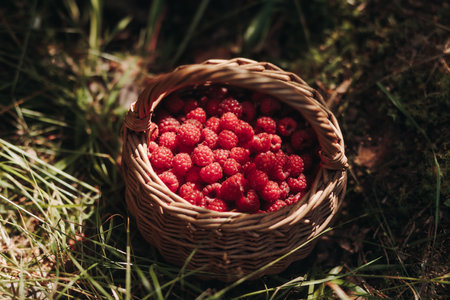 Harvested red berries, basket of raspberry and strawberry, process of collecting, harvesting and picking ripe berries in the forest, close up view of hands with bilberry and blueberry, berry farmの写真素材