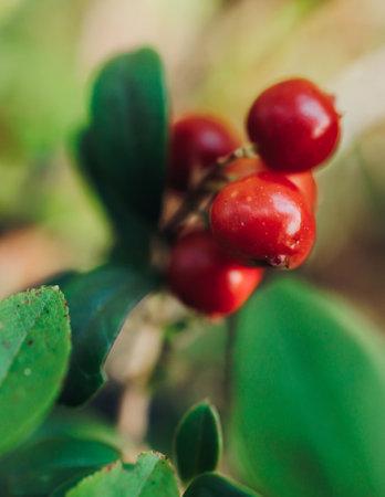 Harvested red berries, basket of raspberry and strawberry, process of collecting, harvesting and picking ripe berries in the forest, close up view of hands with bilberry and blueberry, berry farmの写真素材