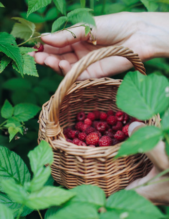 Harvested red berries, basket of raspberry and strawberry, process of collecting, harvesting and picking ripe berries in the forest, close up view of hands with bilberry and blueberry, berry farmの写真素材