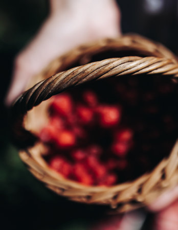 Harvested red berries, basket of raspberry and strawberry, process of collecting, harvesting and picking ripe berries in the forest, close up view of hands with bilberry and blueberry, berry farmの写真素材