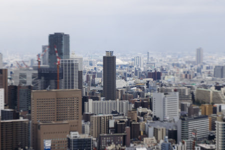 Osaka panorama, aerial cityscape with Yodo Seta River embankment and skyscrapers, Osaka prefecture,...
