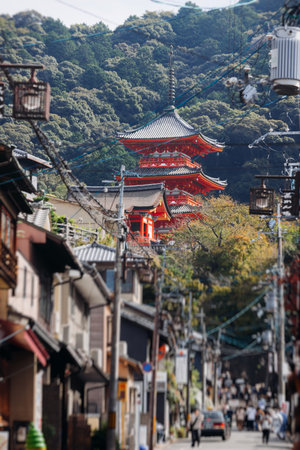 Kiyomizu-dera buddhist temple in Kyoto prefecture, Japan, Higashiyama ward, autumn fall view with mountains, Kyoto streets and skyline, shrine and pagoda, travel to Japan, Kansai regionの写真素材