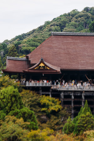 Kiyomizu-dera buddhist temple in Kyoto prefecture, Japan, Higashiyama ward, autumn fall view with mountains, Kyoto streets and skyline, shrine and pagoda, travel to Japan, Kansai regionの写真素材