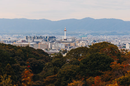 Kyoto panorama, Japan, beautiful super wide aerial view, with city skyline and mountains, seen from the observation deck in autumn fall sunny day with a blue sky, Kyoto prefecture, Kansai regionの写真素材