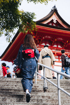 Kiyomizu-dera buddhist temple in Kyoto prefecture, Japan, Higashiyama ward, autumn fall view with mountains, Kyoto streets and skyline, shrine and pagoda, travel to Japan, Kansai regionの写真素材