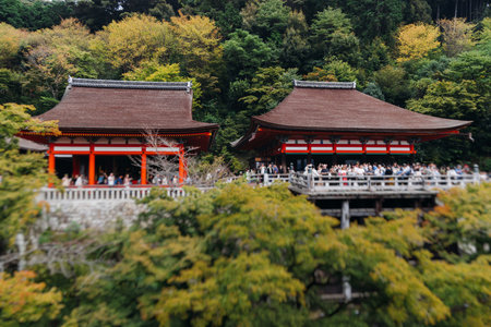 Kiyomizu-dera buddhist temple in Kyoto prefecture, Japan, Higashiyama ward, autumn fall view with mountains, Kyoto streets and skyline, shrine and pagoda, travel to Japan, Kansai regionの写真素材