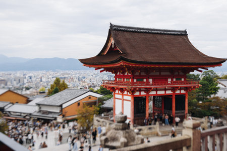 Kiyomizu-dera buddhist temple in Kyoto prefecture, Japan, Higashiyama ward, autumn fall view with mountains, Kyoto streets and skyline, shrine and pagoda, travel to Japan, Kansai regionの写真素材